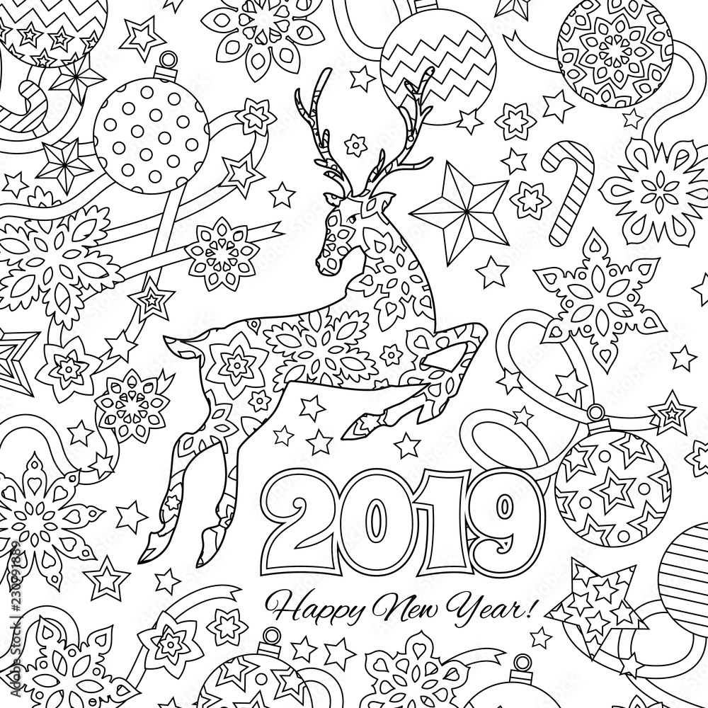 New year congratulation card with numbers 2019, deer and festive objects. Zentangle inspired style. Zen colorful graphic. Image for calendar, coloring book.