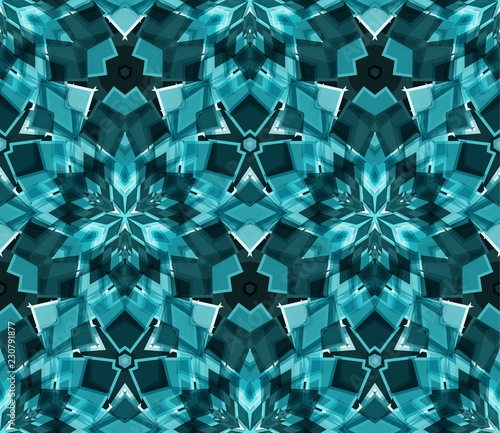 Teal kaleidoscope seamless pattern. Composed of color abstract shapes. Useful as design element for texture and artistic compositions.