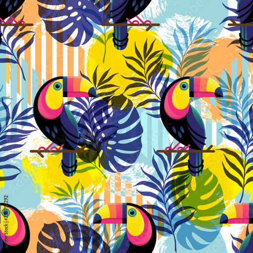 Vector illustration  seamless botanical silhouette pattern with Toucans on a modern colorful geometrical background