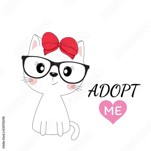 Lovely cat girl with a red bow isolated on white background.
