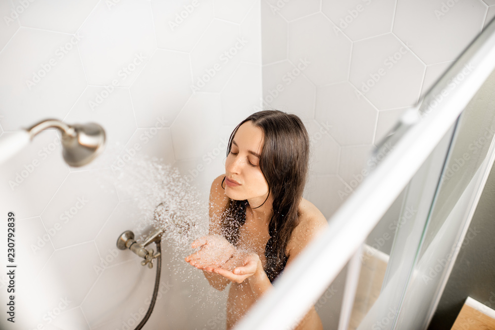 Young And Beautiful Woman Washing Her Face Taking A Shower In The White Cabin View From Above 3193