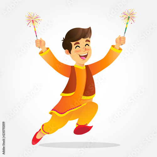 Cute cartoon indian boy in traditional clothes jumping and playing with firecracker celebrating  the festival of lights Diwali or Deepavali isolated on white background