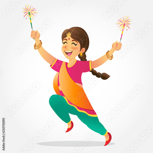 Cute cartoon indian girl in traditional clothes jumping and playing with firecracker celebrating  the festival of lights Diwali or Deepavali isolated on white background