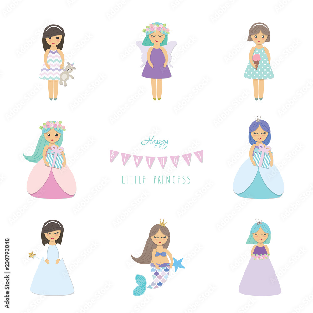 Cute little girls, princess, mermaid, angel, fairy cartoon characters set isolated on white. Cute little girls, princess, mermaid, angel, fairy cartoon characters set isolated on white.