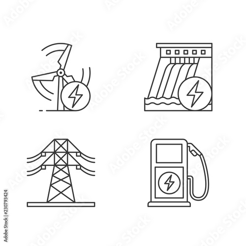 Electric power industry linear icons set