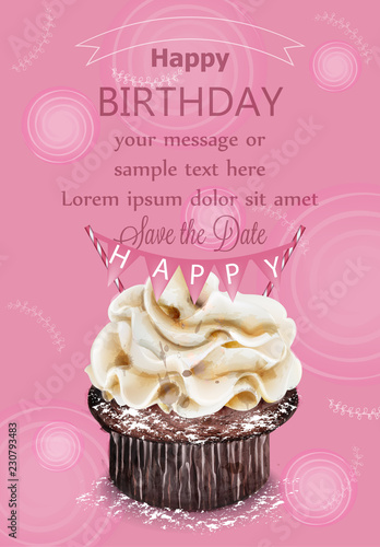 Happy birthday cupcake pink card Vector. Delicious delicate dessert vintage t...