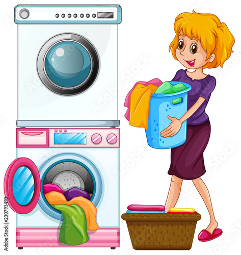 Woman doing laundry on white background