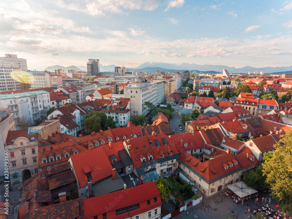Old Town, aerial view of Ljubljana, capital of Slovenia at sunset