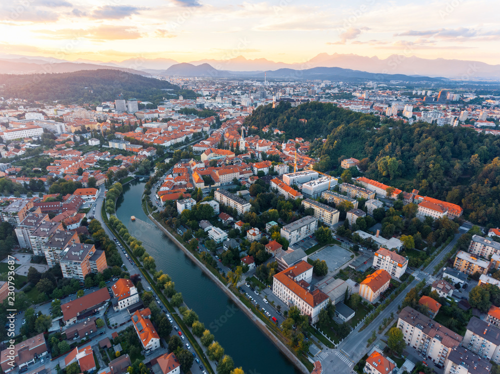 Aerial view of Ljubljana, capital of Slovenia at sunset