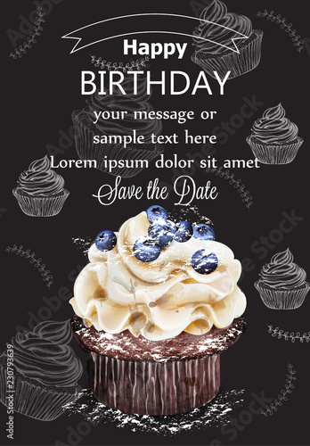 Happy birthday cupcake card Vector. Delicious delicate dessert vintage templates