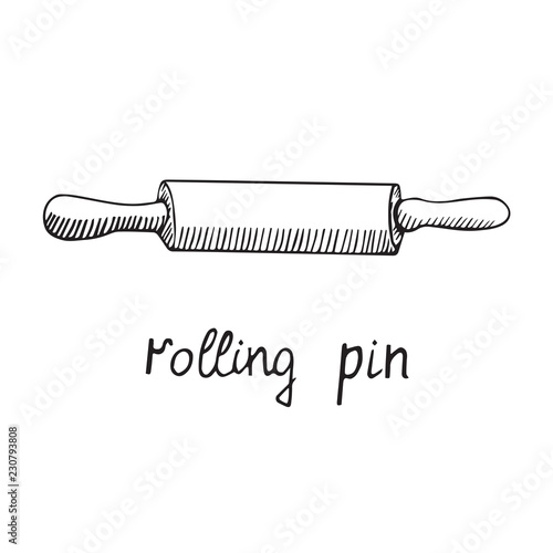 Rolling pin, hand drawn doodle sketch, black and white vector illustration