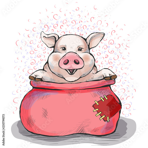 Picture with a piglet. To buy a pig in a poke. The sack opened, and the piggy sits there. Hand-drawn illustration. Cartoon. Watercolor style