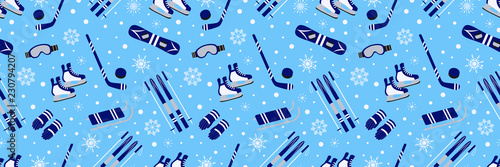 Winter outdoors banner. Sports equipment vector seamless pattern. Sporting repeat texture. Activities wallpaper for season decoration, wrapp paper, clothes prints.