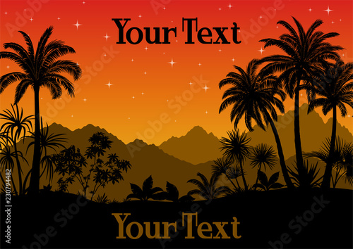 Tropical Night Landscape, Palm Trees and Exotic Plants Black Silhouettes on the Background of Mountains and Starry Sky. Eps10, Contains Transparencies. Vector