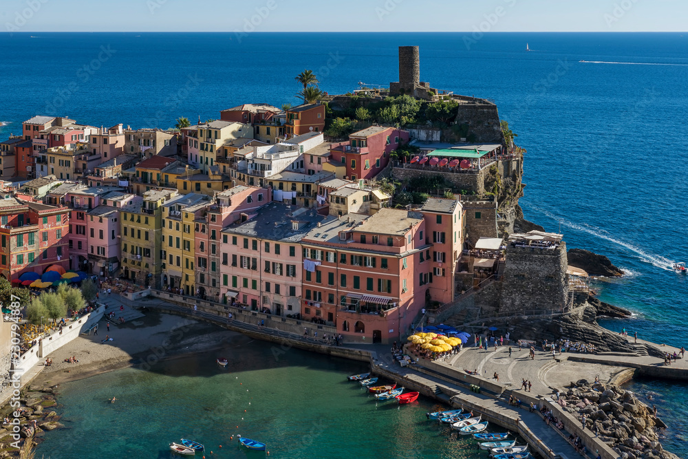 Detailed aerial view of the colorful historic center of Vernazza, Cinque Terre, Liguria, Italy