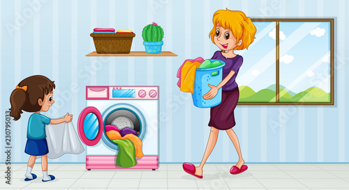 Mother and daughter doing laundry