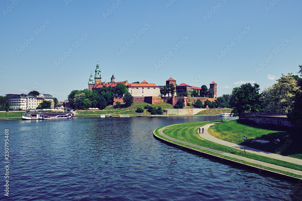 Fototapeta premium Wawel Hill and the architectural complex in Krakow, on the left bank of the Vistula.