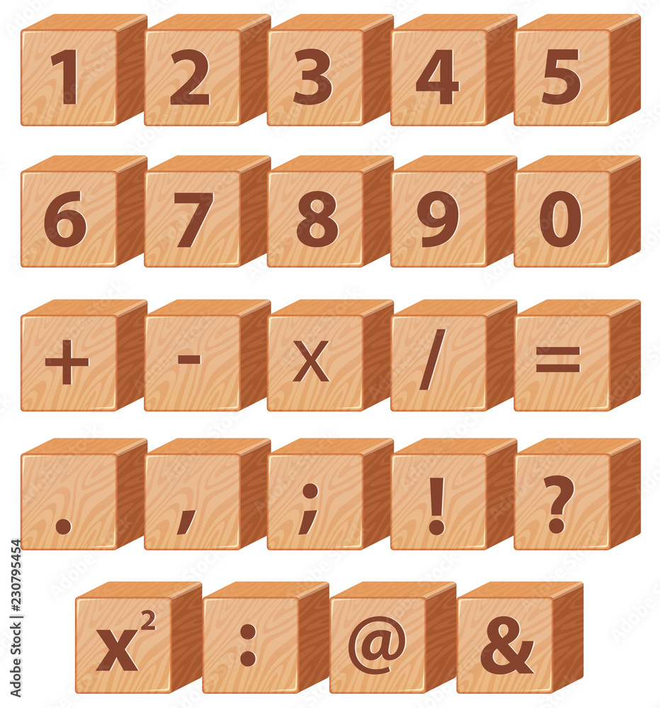 Wooden block math number and symbol Wooden block math number and symbol