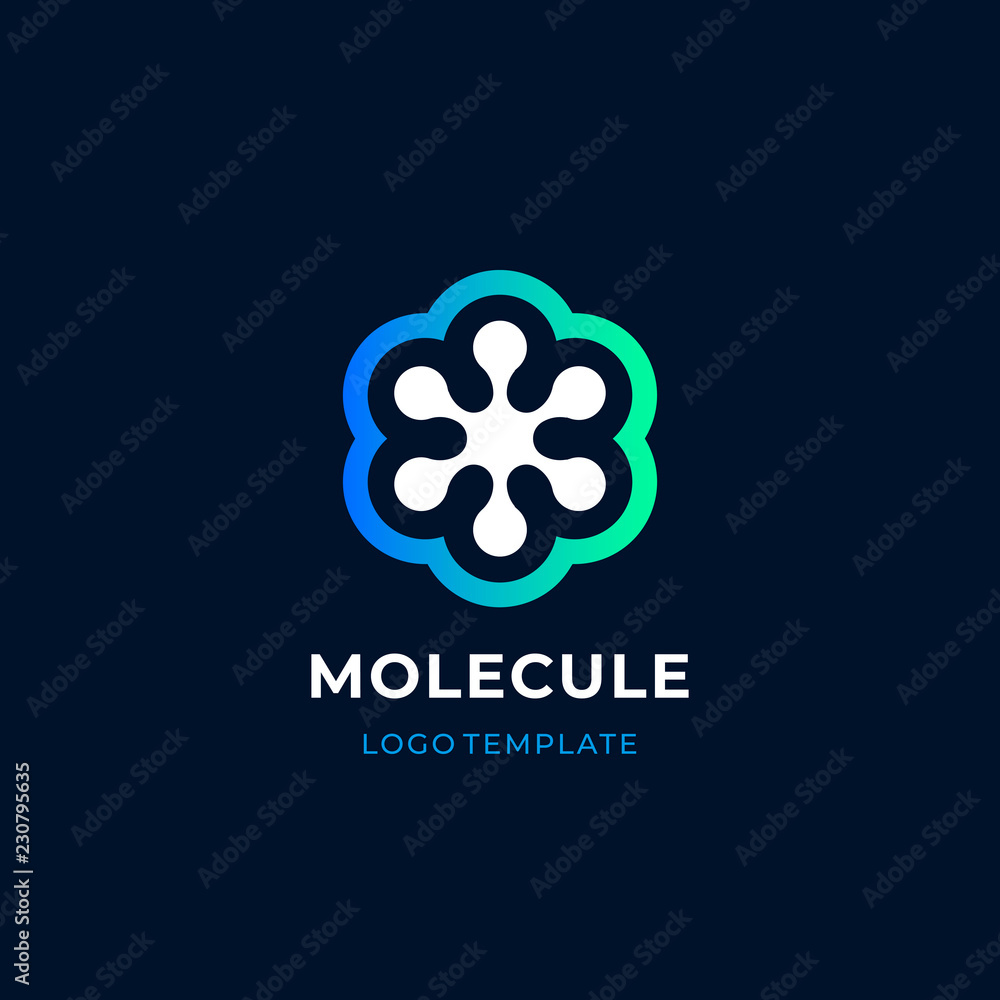 Science laboratory sign, molecular new technology symbol. Abstract blue, turquoise color science logo, molecule vector logo.