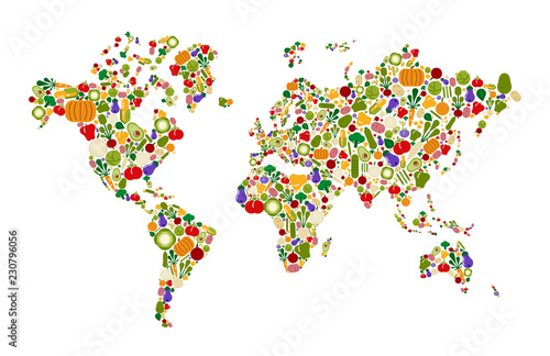 Vegetable icon world map for health and nutrition