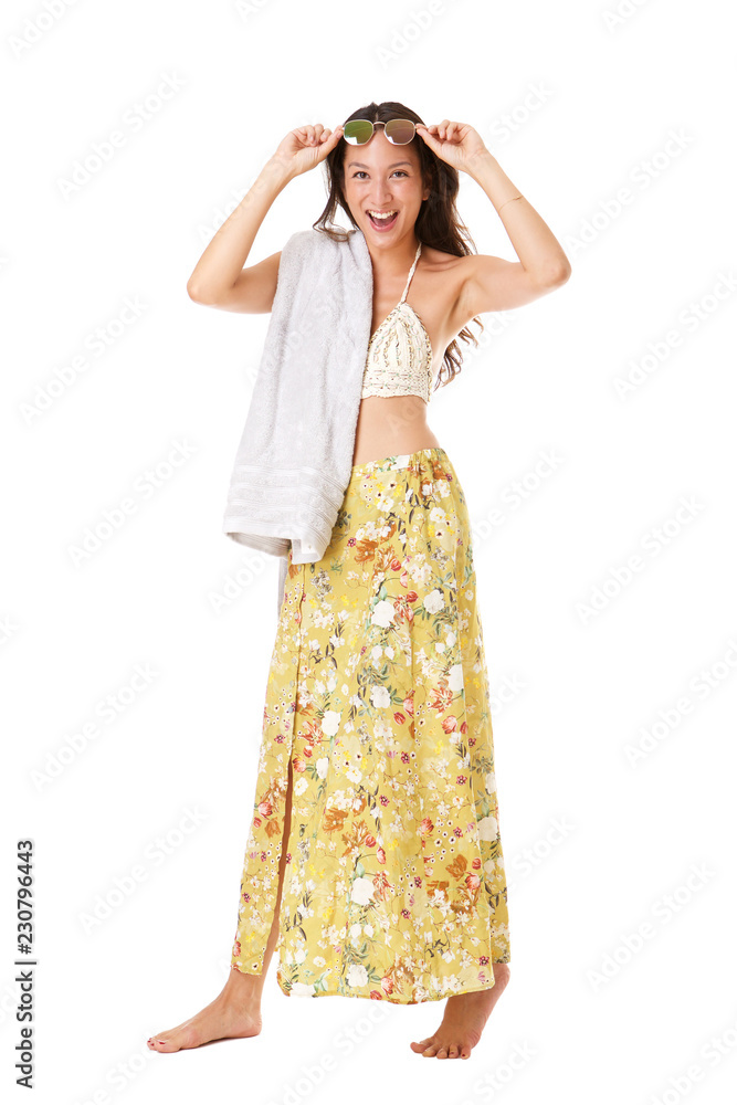 Full body young asian woman posing in summer dress and sunglasses against isolated white background Full body young asian woman posing in summer dress and sunglasses against isolated white background