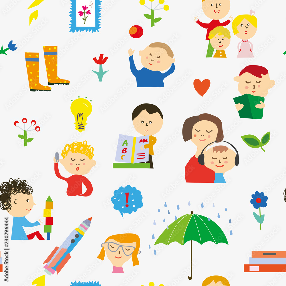 Kindergarten seamless pattern with kids, toys and activities. Vector graphic illustration Kindergarten seamless pattern with kids, toys and activities. Vector graphic illustration