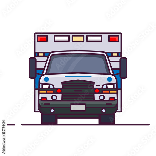 Front view of ambulance car with lights. Line style vector illustration. Vehicle and transport banner. Modern ambulance american car. First aid van with paramedics. Emergency vehicle.
