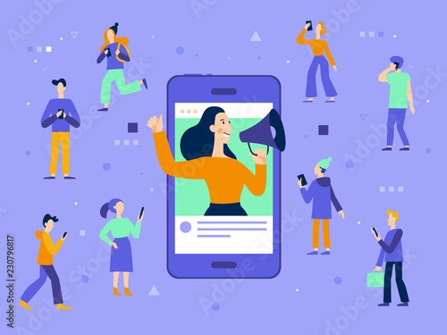 Vector illustration in flat simple style with characters - influencer marketing concept