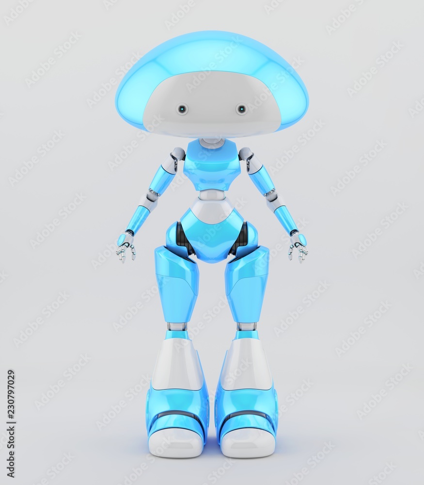 Fototapeta premium Smooth and lovely character - mushroom lady robot in blue, 3d illustration / Mushroom lady robot in blue