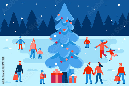 Vector illustration in flat simple style -  Christmas greeting card, banner, poster with people walking and skating outdoors in winter park
