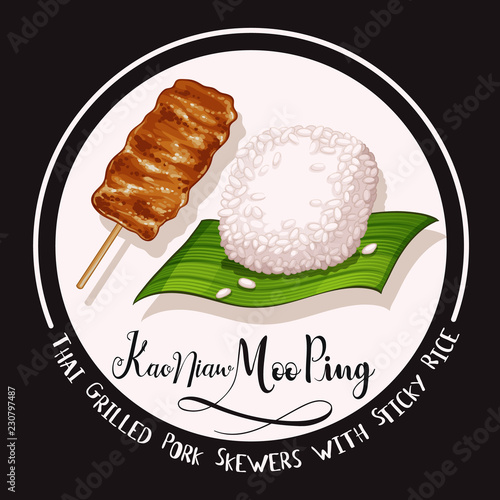 thai grilled pork skewers with sticky rice vector illustration