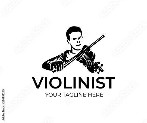 Man violinist playing violin, logo design. Musical instrument, music school, music and symphony orchestra, vector design and illustration