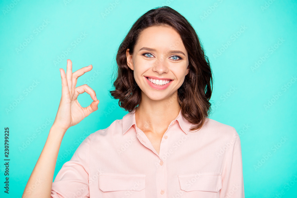 Portrait of nice cheerful optimistic attractive cute girl showin Portrait of nice cheerful optimistic attractive cute girl showin