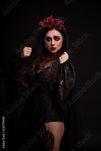 Portrait of a girl in the image for Halloween. Black Widow. Wreath of roses. Makeup for halloween. Keeps veil. Eyes like gimlets. Black background.