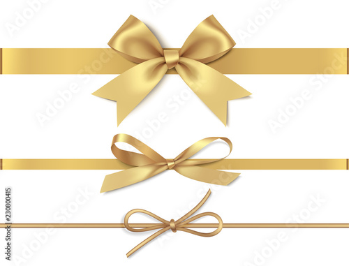 Set of decorative golden bows with horizontal yellow ribbon isolated on white background. Vector illustration