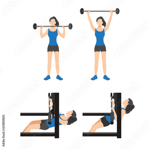 Workout girl set. Woman doing fitness and yoga exercises. Lunges and squats, plank and abc. Full body workout. Warming up, stretching