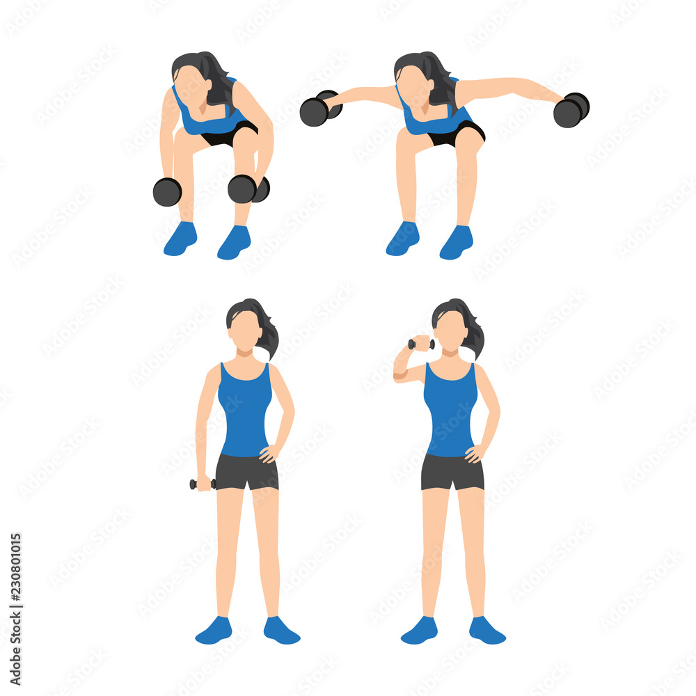 Workout girl set. Woman doing fitness and yoga exercises. Lunges and squats, plank and abc. Full body workout. Warming up, stretching Workout girl set. Woman doing fitness and yoga exercises. Lunges and squats, plank and abc. Full body workout. Warming up, stretching