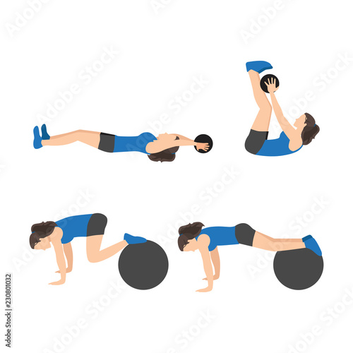 Workout girl set. Woman doing fitness and yoga exercises. Lunges and squats, plank and abc. Full body workout. Warming up, stretching