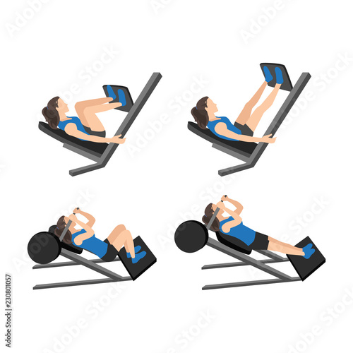 Workout girl set. Woman doing fitness and yoga exercises. Lunges and squats, plank and abc. Full body workout. Warming up, stretching