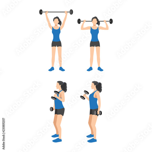 Workout girl set. Woman doing fitness and yoga exercises. Lunges and squats, plank and abc. Full body workout. Warming up, stretching
