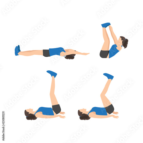 Workout girl set. Woman doing fitness and yoga exercises. Lunges and squats, plank and abc. Full body workout. Warming up, stretching
