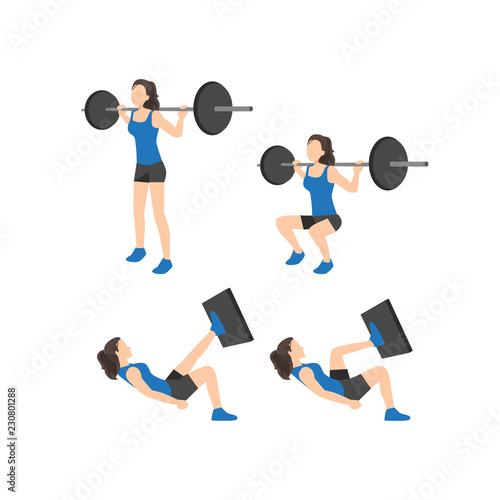 Workout girl set. Woman doing fitness and yoga exercises. Lunges and squats, plank and abc. Full body workout. Warming up, stretching
