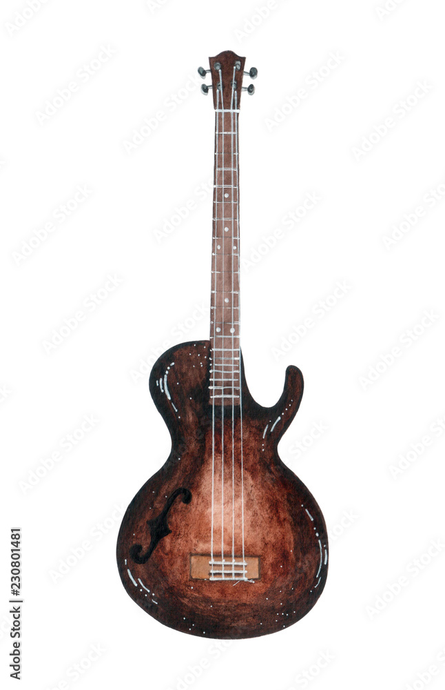 Naklejka premium Musical watercolor instruments, acoustic guitar isolated on waite background.