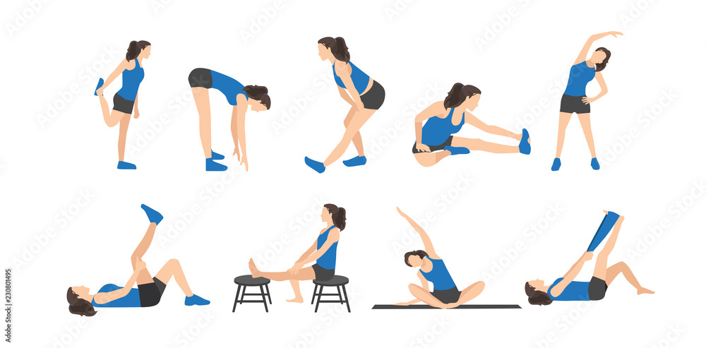 Workout girl set. Woman doing fitness and yoga exercises. Lunges and squats, plank and abc. Full body workout. Warming up, stretching
Workout girl set. Woman doing fitness and yoga exercises. Lunges and squats, plank and abc. Full body workout. Warming up, stretching