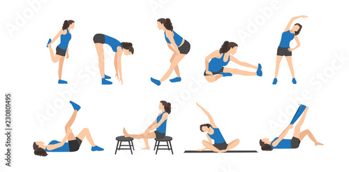 Workout girl set. Woman doing fitness and yoga exercises. Lunges and squats, plank and abc. Full body workout. Warming up, stretching
 photo
