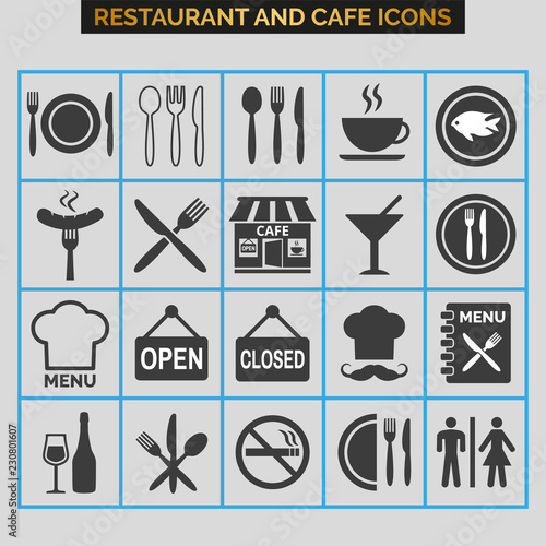 Restaurant and cafe icons set on grey background.