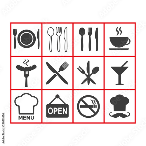 Restaurant icons set on white background.