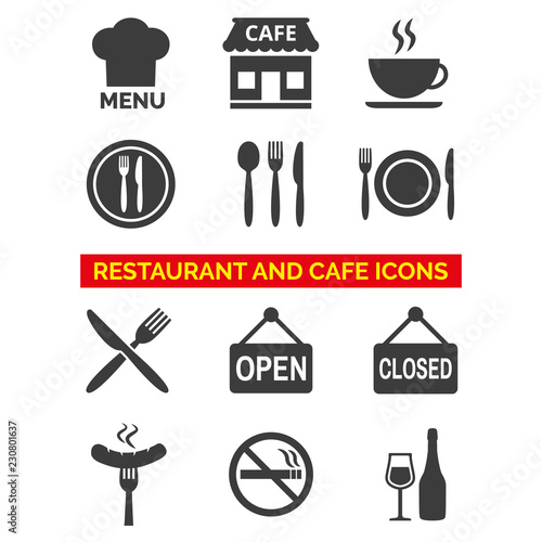 Restaurant and cafe icons set on white background.