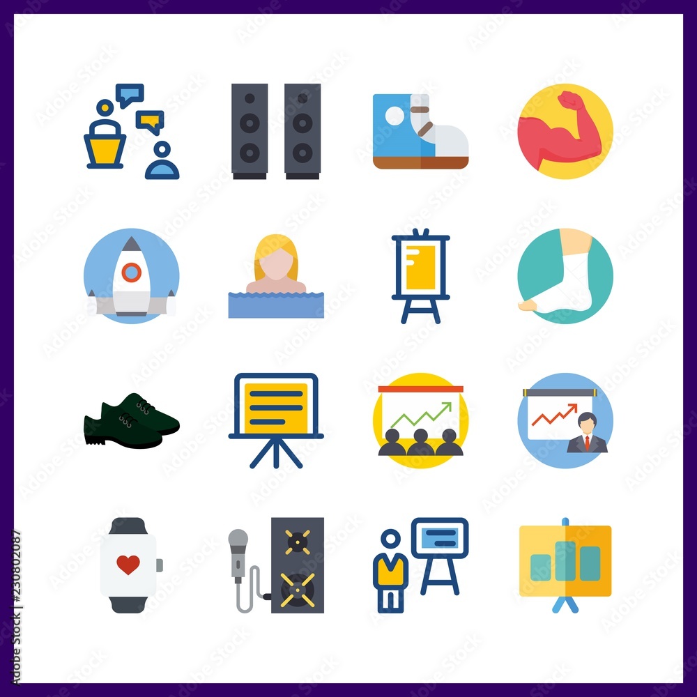 training icons set. leg, weight, discussion and new graphic works training icons set. leg, weight, discussion and new graphic works
