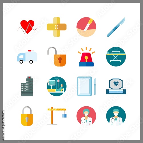 16 emergency icon. Vector illustration emergency set. surgeon and patient icons for emergency works